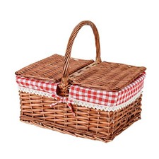 Woven Rectangle Wicker Picnic Basket with Double Lids and Washable Lining Rattan