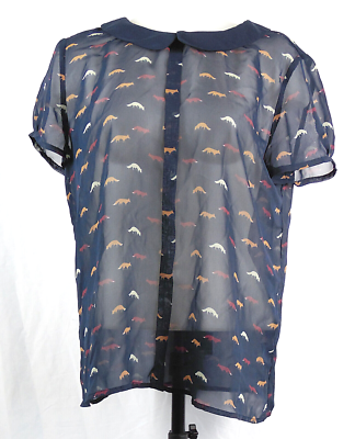 Vivienne Tam Navy Blue FOX Print Sheer Chiffon Short Sleeve Back