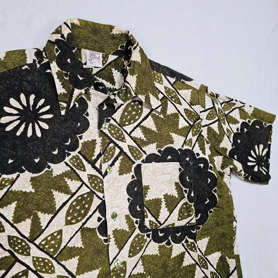 Camisa De Colección Años 60 Arenas Hawaianas Para Hombres L Aloha Surf Tiki Hippy Floral Barroco Verde Foto 2 de 4