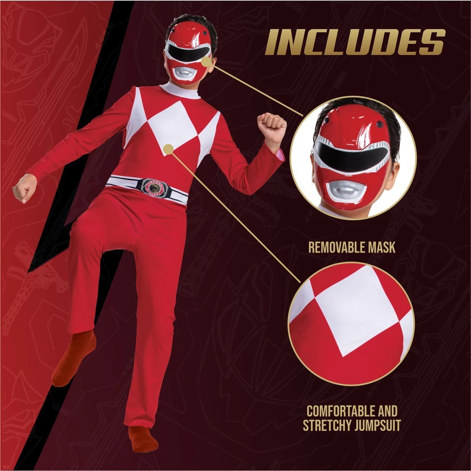 Licenced Kids Red Power Rangers Costume S M Boys Superhero Halloween Fancy Dress - Image 2 of 4
