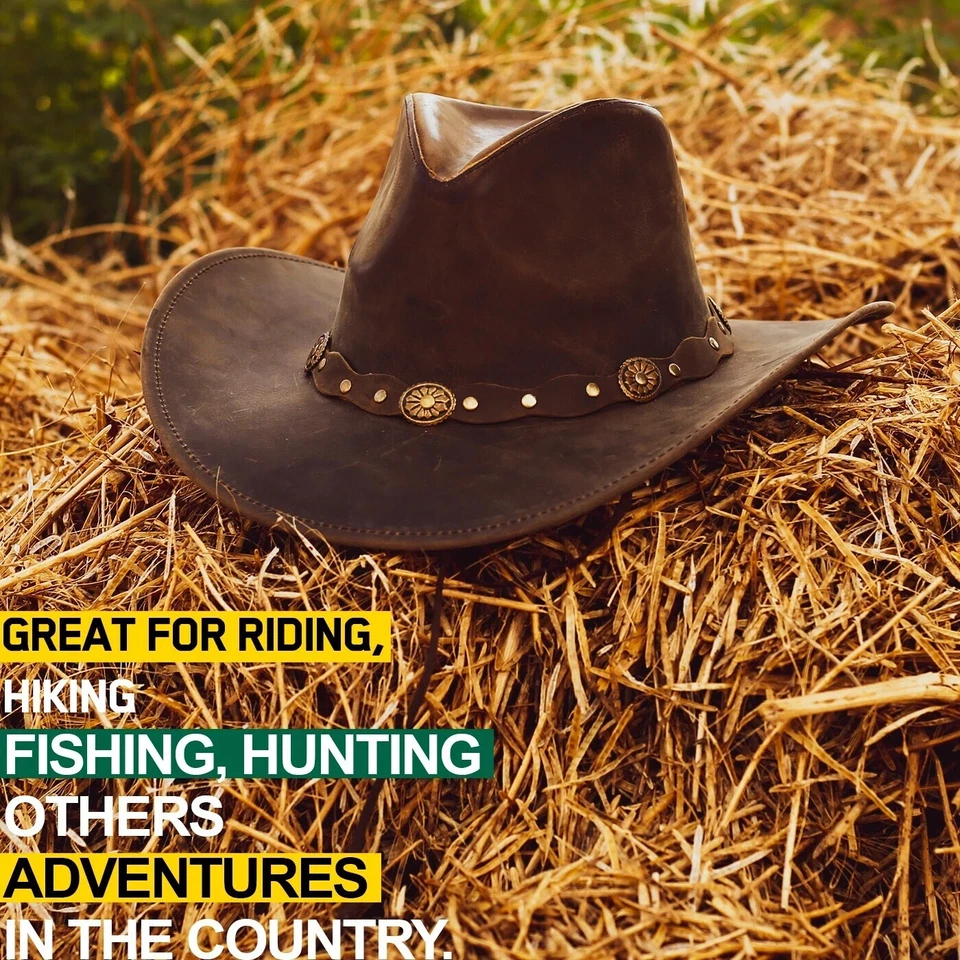 Men and Women Brown Genuine Leather Cowboy Western Hat - Image 4 of 4