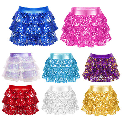 DE Mädchen Pailletten Rock Shorts Kurz Glitzer Tütü Ballett Tanz Rock Salsa 
