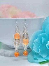 Orange Sea Glass Artisan Wire Braided Silver Earrings-Geometric Dangles- Glass