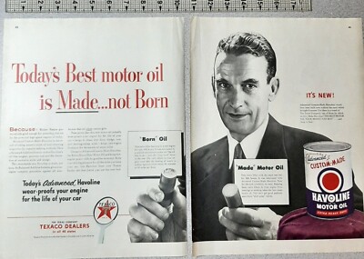 1953 Havoline Vintage 2 Page Print Ad Motor Oil Texaco Dealers Heavy Duty Quart