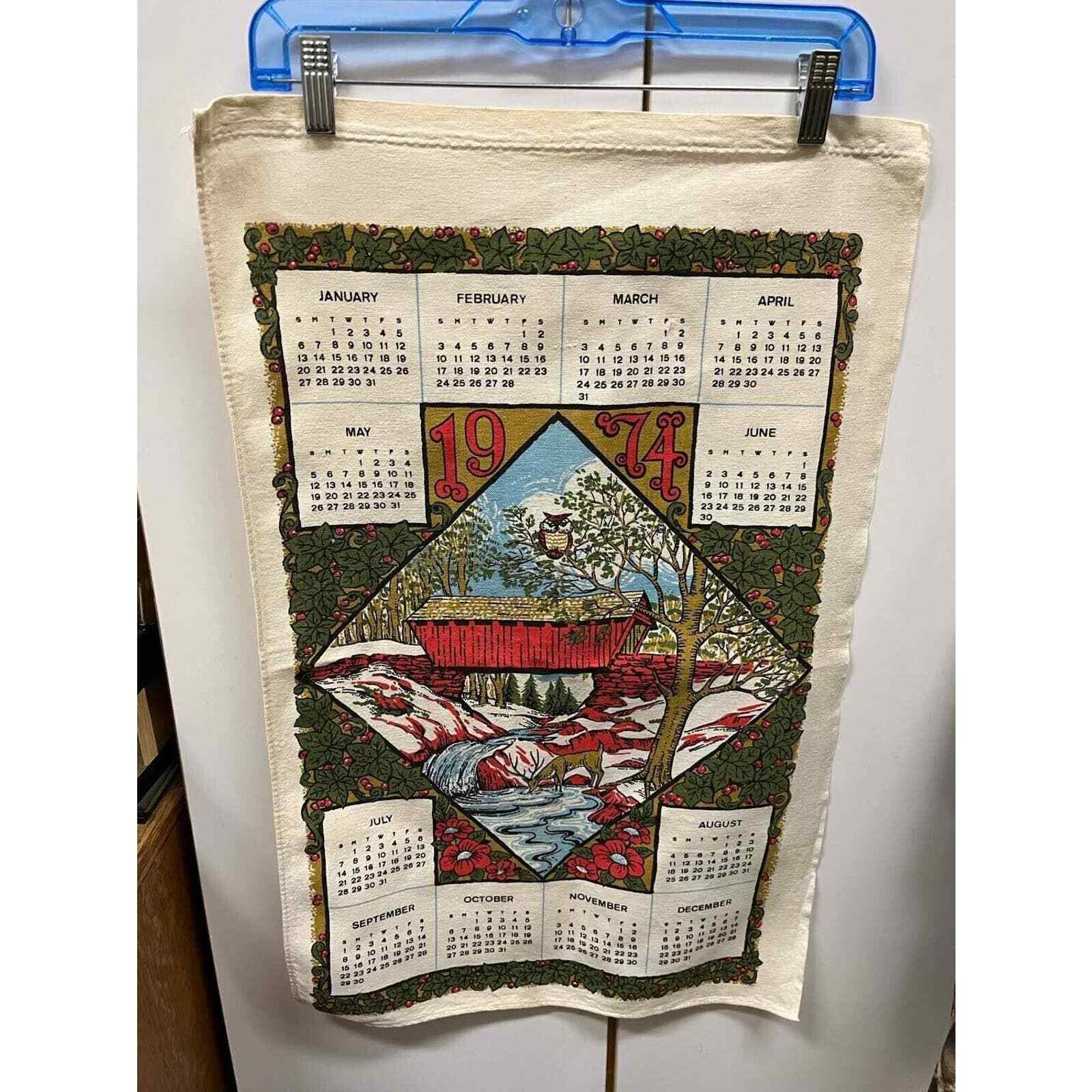 VTG 1974 Kitchen Cloth Linen Calendar Covered Bridge Towel Wall Hanger 28x16