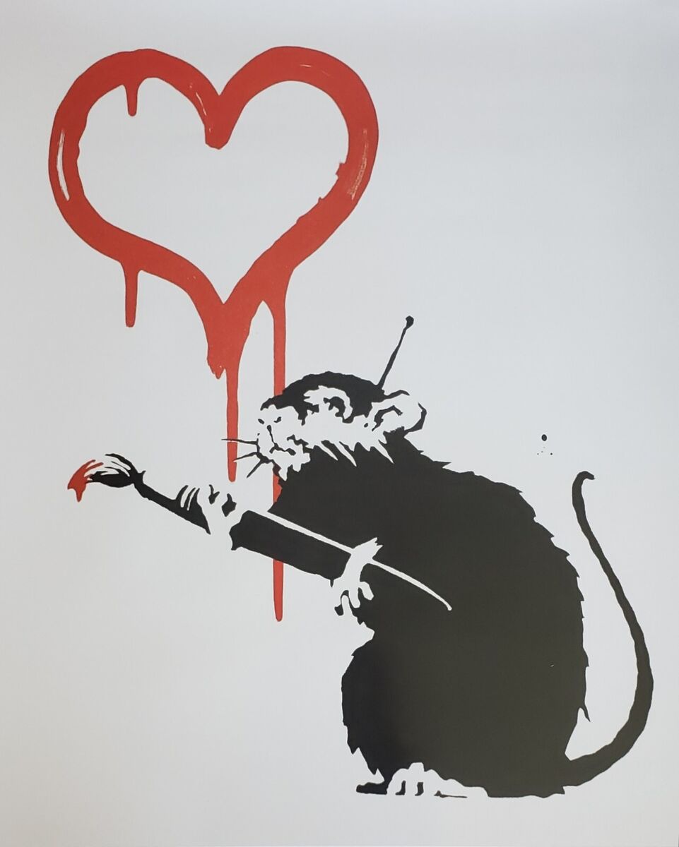Banksy LOVE RAT rare original exhibition poster print heart Banksy LOVE RAT rare original exhibition poster print heart