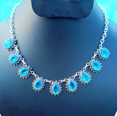 London Blue Topaz Gemstone Necklace Sterling Silver Handmade Adjustable Jewelry