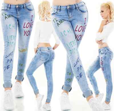 Damen Skinny Jeans Push UP Hose Schriftzug Print Blau Stretch Material XS-XL