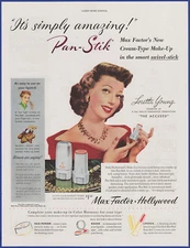 Vintage 1949 MAX FACTOR Pan-Stik Make Up Cosmetics Loretta Young 40s Print Ad