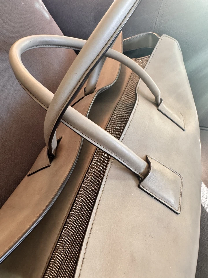 Brunello Cucinelli 灰褐色皮革顶部手柄托特包 — 第 4/4 张图片