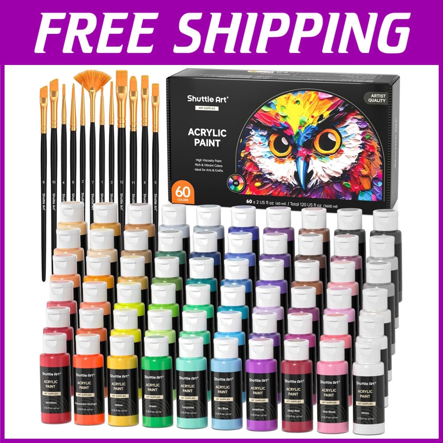 Metallic Acrylic Paint Set, 60 Colors + Brushes