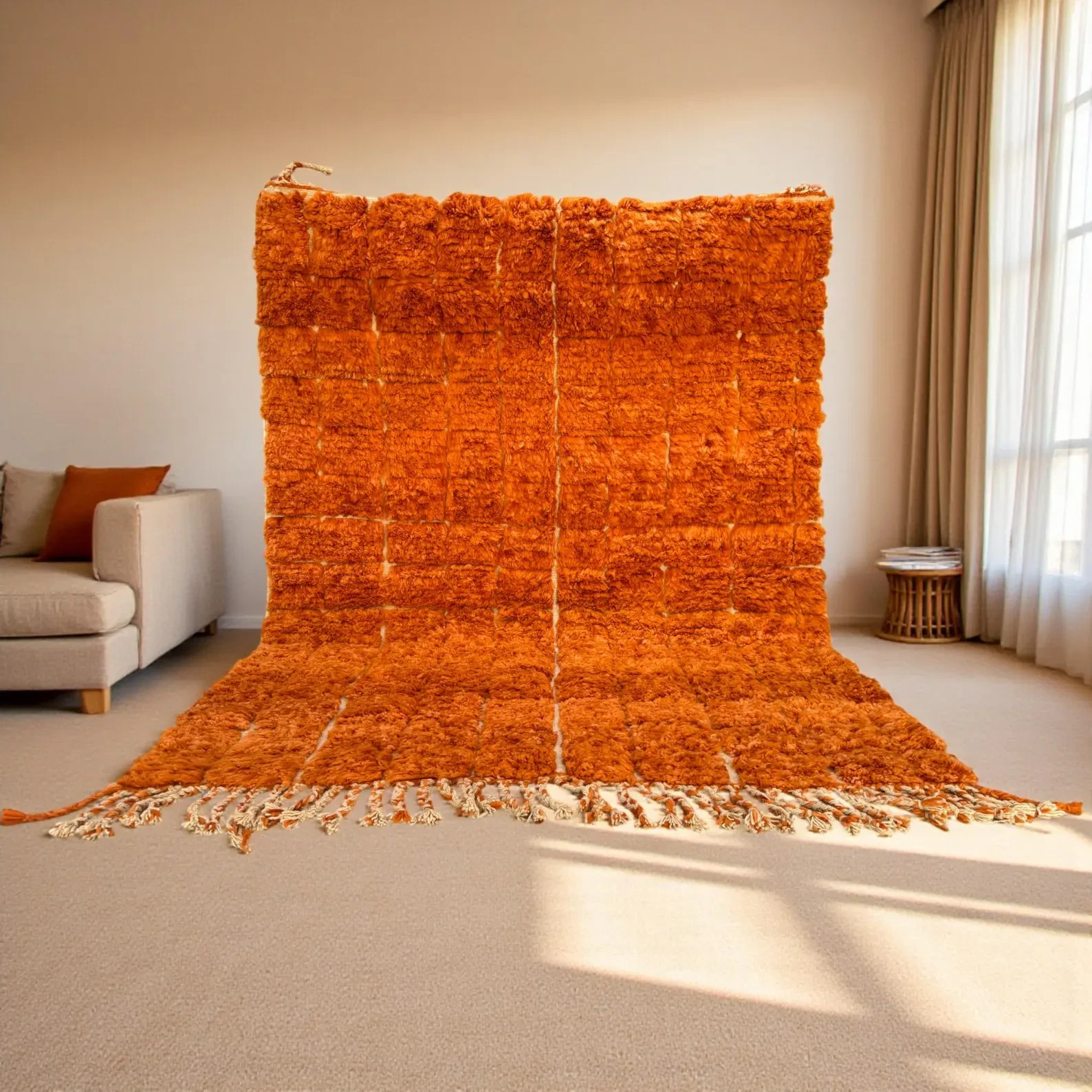 Hand Knotted Moroccan Berber Wool Rug Color Burnt Orange Handmade Carpet Rug