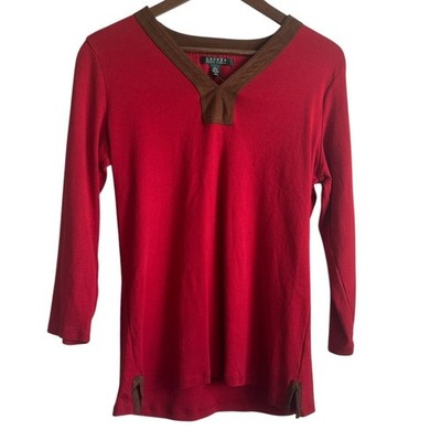 Lauren Ralph Lauren Women Tunic Top L Red Brown Trim Equestrian Boho Romantic