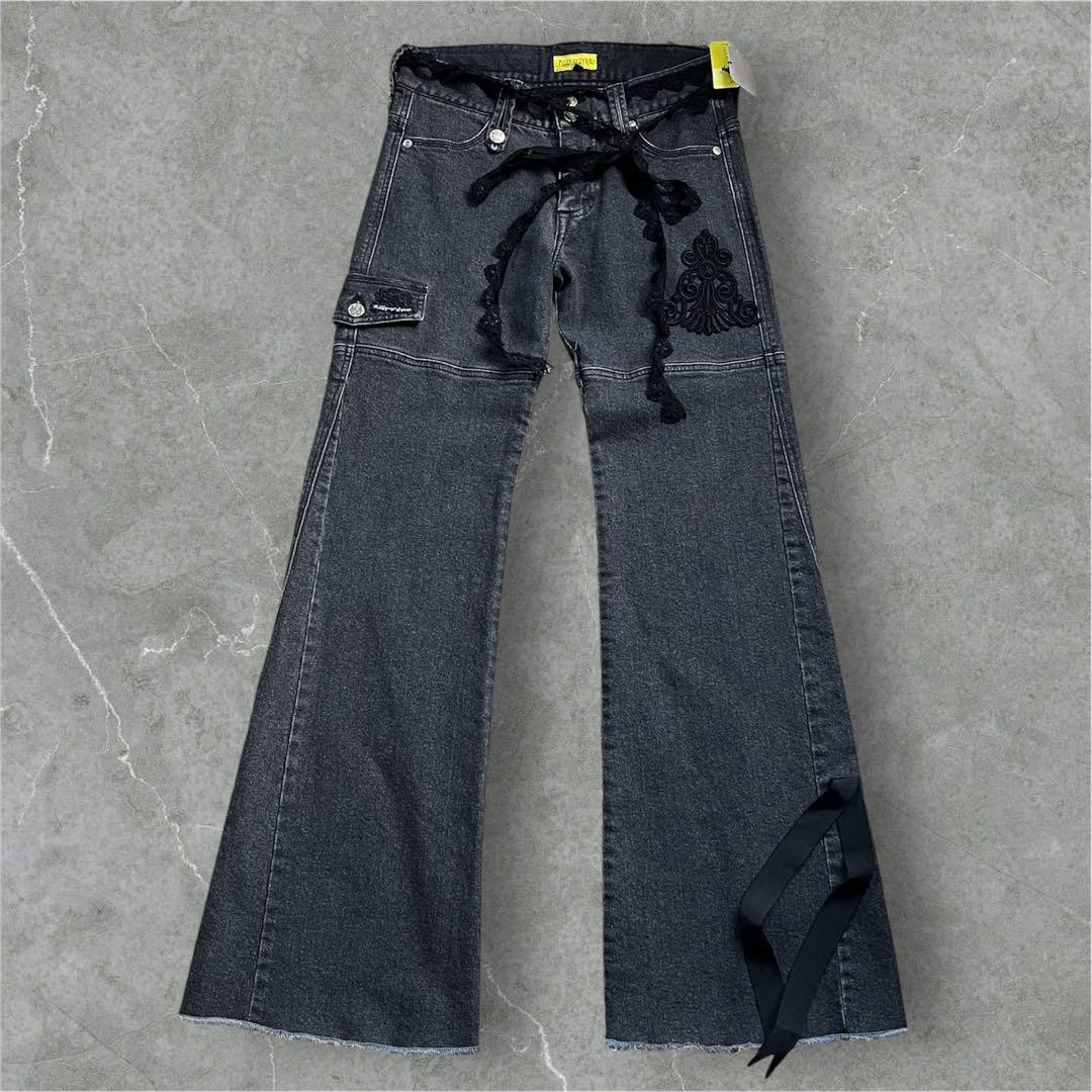 FiLLY O'LYNX Y2K Black Denim Flared Pants, Stretch & Lace FiLLY O'LYNX Y2K Black Denim Flared Pants, Stretch & Lace