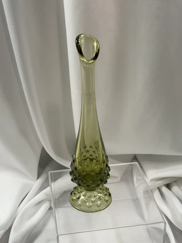 Vintage Fenton Avocado Green Hobnail Swung Glass Bud Vase 10”