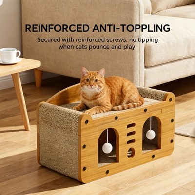 2-in-1 Cat Scratcher & Cozy Bed - Durable Cardboard Lounge Bed with Hanging Toys