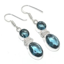 London Blue Topaz Gemstone Handmade 925 Sterling Silver Jewelry Earring Sz 1.8"