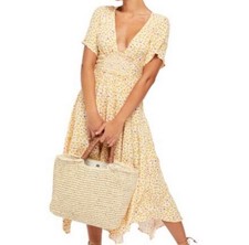 Free People In Full Bloom Yellow Floral Maxi Dress Boho Smocked Waist Sz XS