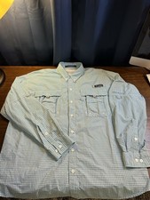 Columbia Mens L Blue White Super Bahama PFG Button Up Omni Shade Fishing Shirt