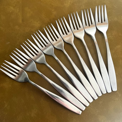 #ad 9 Salad Forks TODAY by International Deluxe Stainless Flatware satin MCM $24.95