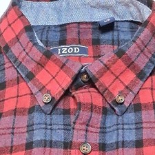 IZOD Mens Plaid Flannel Shirt Large Red Blue Long Sleeve Outdoor Gorpcore