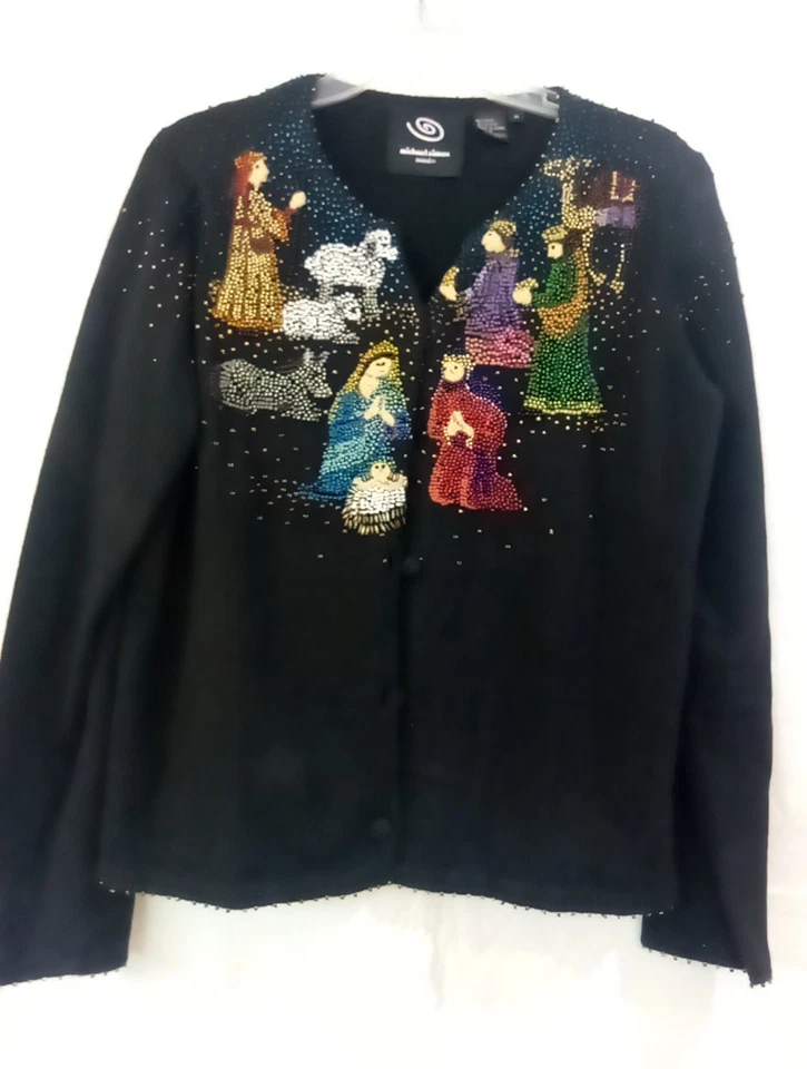 Michael Simon Vtg Christmas Nativity Scene Embellished Cardigan Medium Y2K  - Image 2 of 4