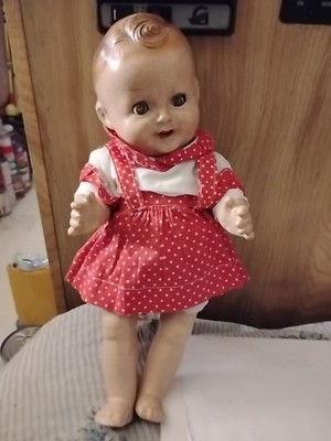 Antique 14'' Rare Baby Sandy Composition Doll Teeth Polka Dot Dress 1930's 