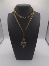 Vintage Orante Pendant Necklace Hearts,Faux Pearls Gold Tone24"  Chain
