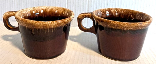 Vintage Hull USA Creston Brown Drip Glaze Mugs Oven Proof 2.75" Tall - Set of 2