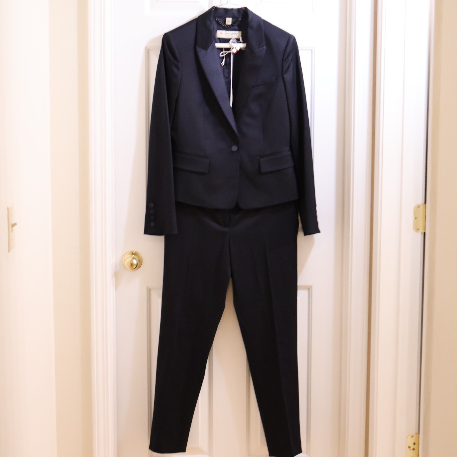 Burberry navy satin lapel tux style wool blazer and pant suit set US 8 / L