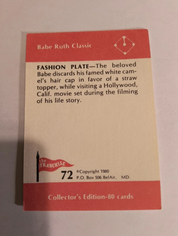 BABE RUTH 1980 THE FRANCHISE BABE RUTH CLASSIC "FASHION PLATE" #72 - Image 2 of 2