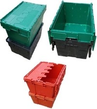 Attached Lidded Crates 600x400x350 Plastic Containers - 65L (pk4)