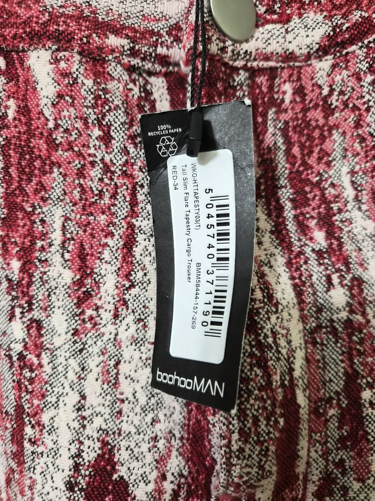 BoohooMAN Tall Slim Flare Tapestry Cargo Trouser Red Size 34x36 NWT image 5