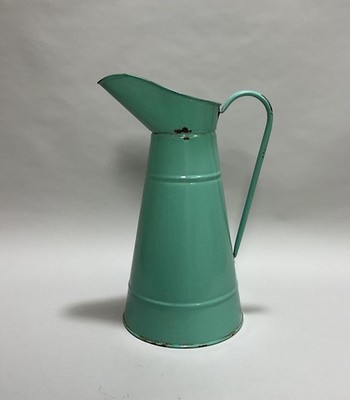 Vintage French Turquoise Blue Enamel Tall Water Pitcher