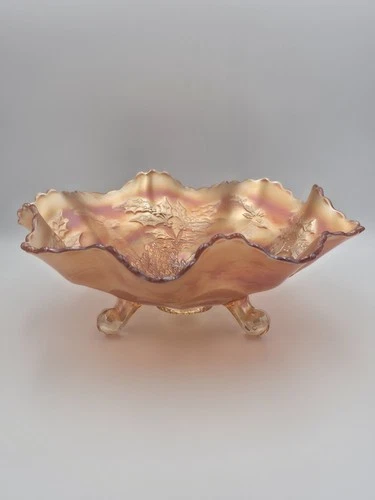 Fenton Carnival Glass Holly & Stag Ruffled Bowl Deep Marigold Lions Foot 11"