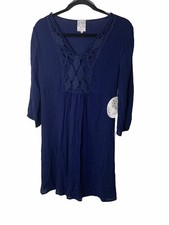 NEW Naif Tunic Dress Womens Small Navy Blue Slit Sleeve Crochet Lined NWT