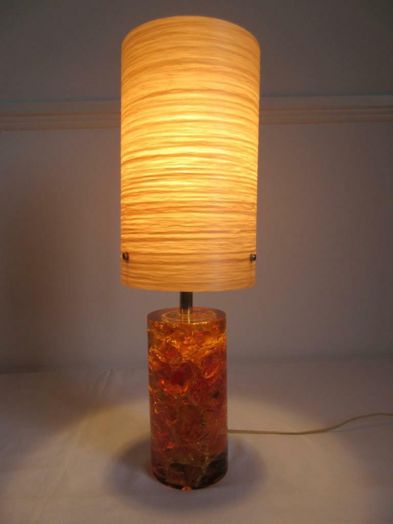 VTG RETRO 60'S/70'S ORANGE & YELLOW CRUSHED ICE SHATTALINE LAMP + CREAM SHADE