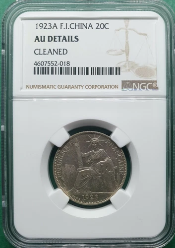1923A FRENCH INDO CHINA 20 CENTS SILVER NGC AU DETAILS CLEANED