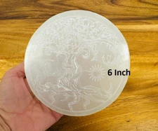 Selenite Charging Station Etched Tree of Life Design, 3 & 6 inch, Large Plate