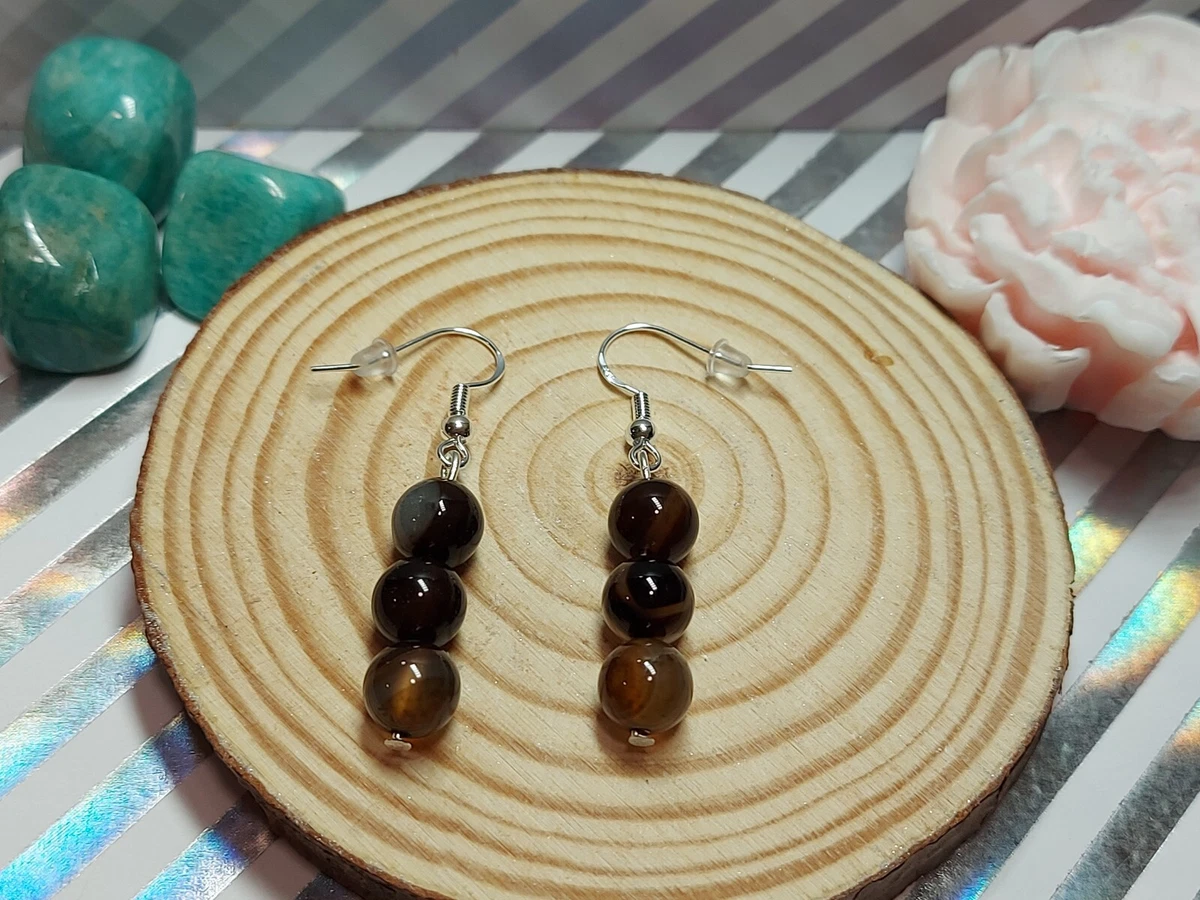 Hand Made Sterling Silver Earrings with Beautiful Brown Laced Agate Stone Beads