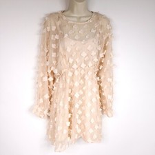 Forever 21 Women Mini Dress S Cream Long Sleeve Lined Flower Textured Romantic