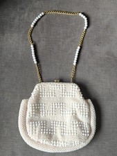 Vintage 1960's Women's Corde Bead Beaded Handbag Hand Made White / Ivory / Gold