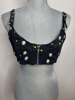 Miaou Opening Ceremony Floral Embroidered Dylan Bra Top Indigo Denim Size M