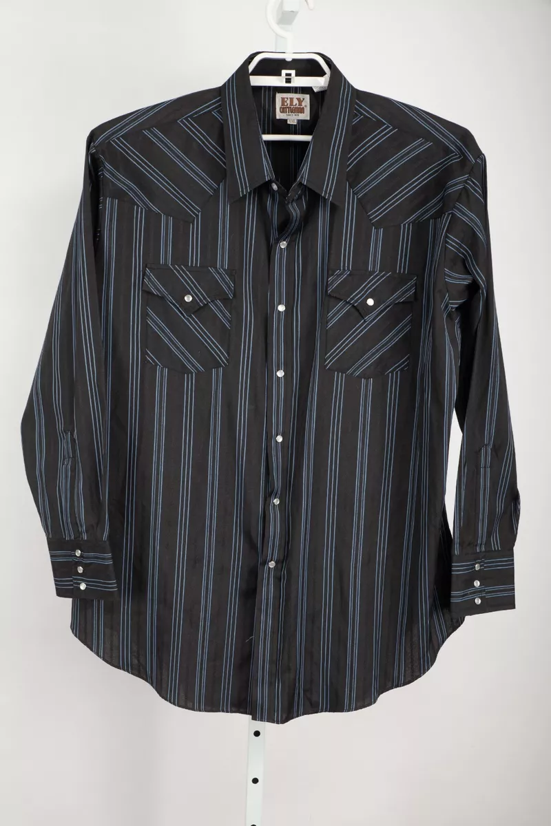 Ely Cattleman Shirt Mens 2XL Black Blue Stripes Pearl Snap Long