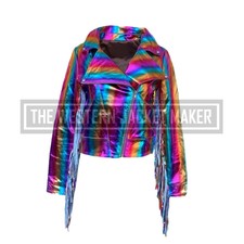 Multicolor Leather Jacket Womens, Metallic Fringe Jackets For Women Get 20% Off