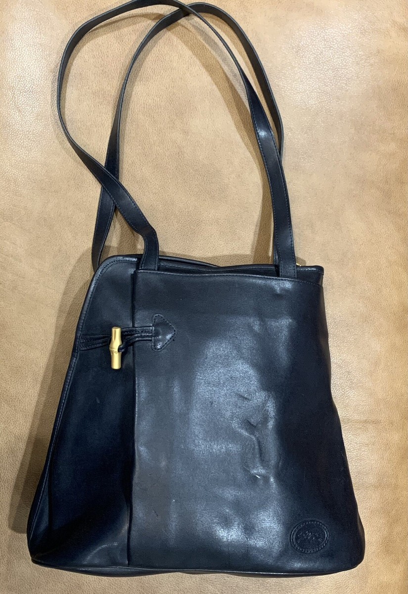 Vintage Longchamp France Navy Leather Bucket Roseau Shoulder Bag