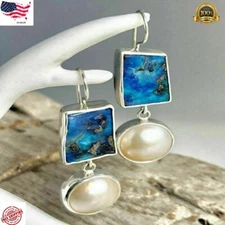 Boho Retro 925 Silver Earrings Turquoise Dangle Drop Hook Ear Stud Women Jewelry