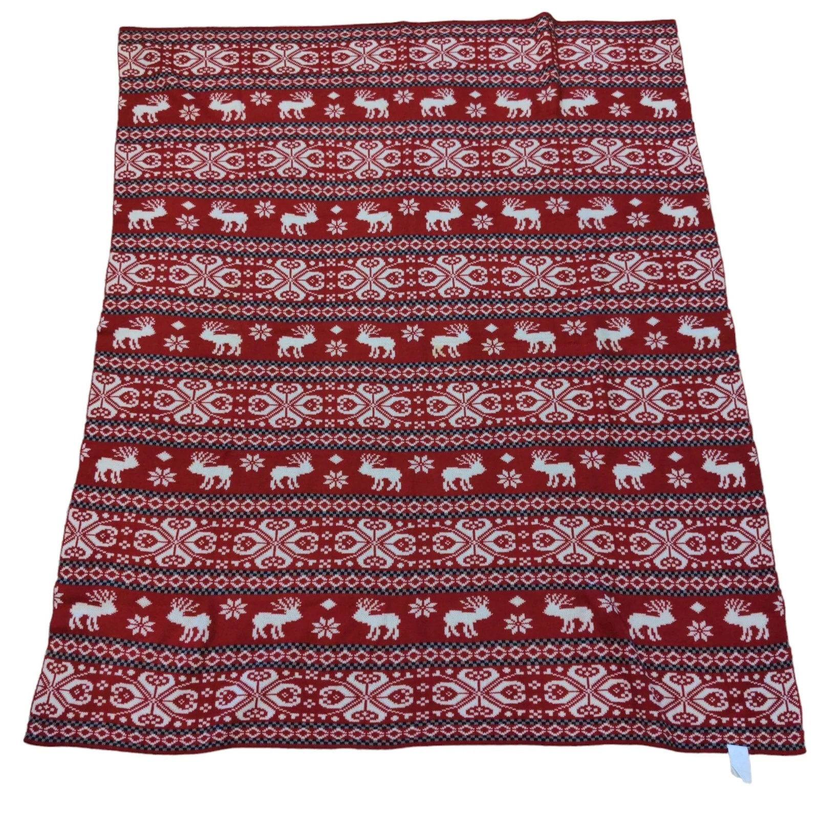 Winter Tapestry Woven Throw Blanket Moose Snowflake Red White Blue 62" x 56"
