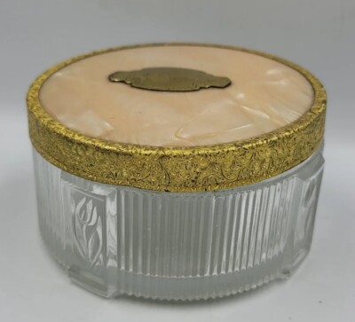 Vintage Art Deco Powder Jar Vanity Glass Monogram Plate On Lid