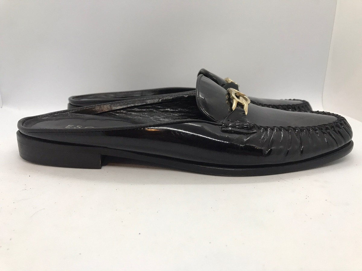 ESCADA 38 US Black Patent Leather Gold Horsebit Logo Mules